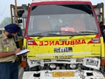A private vehicle breached a dedicated VIP lane and suddenly entered the convoy of Punjab governor Gulab Chand Kataria in Samrala, resulting in an accident that left two persons injured, police said on Monday. (HT Photo) A private vehicle breached a dedicated VIP lane and suddenly entered the convoy of Punjab governor Gulab Chand Kataria in Samrala, resulting in an accident that left two persons injured, police said on Monday. (HT Photo)