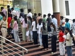 Aspirants undergoing security check as they enter the examination hall for the NEET-UG-2026 re-exam, in Bengaluru on Sunday, June 21.