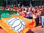 BJP workers celebrate as BJP candidate Rajiv (Raju) Poddar wins the Maharashtra Legislative Council by-election from Nagpur Local Authorities Constituency, in Nagpur on Monday. 