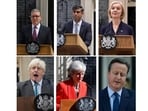 FILE - This combo of file photos show the former Prime Ministers of Britain since 2016 during their resignation speeches outside 10 Downing Street in London. Top row, from left, Keir Starmer, Rishi Sunak, and Liz Truss. Bottom row, from left, Boris Johnson, Theresa May, and David Cameron. (AP Photo/File)