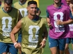 Cristiano Ronaldo and the Portugal national team at a World Cup training session on Monday. (AP Photo/Marta Lavandier)