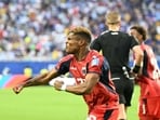 Cape Verde's forward #26 Helio Varela celebrates. 
