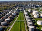 An aerial view shows the fuel depot of Aral at the Ruhr Oel petroleum refineries of BP Gelsenkirchen GmbH in Gelsenkirchen, western Germany on April 7, 2026.