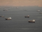 Vessels at the Strait of Hormuz, as seen from Musandam, Oman.