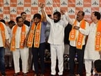 MPs Sanjay Dina Patil, Bhausaheb Wakchaure, Omraje Nimbalkar, Sanjay Jadhav, Sanjay Deshmukh and Nagesh Patil Ashtikar, join Eknath Shinde's Shiv Sena at YB Centre, Nariman Point in Mumbai, on June 22 (Anshuman Poyrekar/HT Photo)