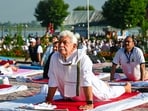 On International Yoga Day, J&K LG Manoj Sinha participated in a mass yoga session on the banks of Dal Lake in Srinagar on Sunday. (@OfficeOfLGJandK) On International Yoga Day, J&K LG Manoj Sinha participated in a mass yoga session on the banks of Dal Lake in Srinagar on Sunday. (@OfficeOfLGJandK)
