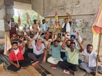 Punjab State Power Corporation Limited contractual employees staging a protest against the Punjab government in Bathinda on Monday. (Sanjeev Kumar/HT)
