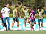 Cristiano Ronaldo #7 of Portugal warms up during the training of Portugal one day ahead of the FIFA World Cup 2026 Group K match between Portugal and Uzbekistan
