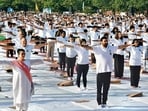 Saini announces that yoga will be taught in classes 3-9, leads state-level yoga day celebrations in Panchkula. (Sant Arora/HT) Saini announces that yoga will be taught in classes 3-9, leads state-level yoga day celebrations in Panchkula. (Sant Arora/HT)