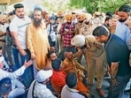The protesters outside the CP office in Ludhiana on Monday. (Gurpreet Singh/HT) The protesters outside the CP office in Ludhiana on Monday. (Gurpreet Singh/HT)