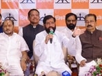 Maharashtra Deputy Chief Minister Eknath Shinde addresses a press conference after Shiv Sena UBT MPs join Shiv Sena.