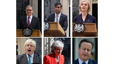 FILE - This combo of file photos show the former Prime Ministers of Britain since 2016 during their resignation speeches outside 10 Downing Street in London. Top row, from left, Keir Starmer, Rishi Sunak, and Liz Truss. Bottom row, from left, Boris Johnson, Theresa May, and David Cameron. (AP Photo/File) (AP Photo/undefined) FILE - This combo of file photos show the former Prime Ministers of Britain since 2016 during their resignation speeches outside 10 Downing Street in London. Top row, from left, Keir Starmer, Rishi Sunak, and Liz Truss. Bottom row, from left, Boris Johnson, Theresa May, and David Cameron. (AP Photo/File) (AP Photo/undefined)
