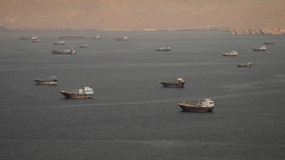 Vessels at the Strait of Hormuz, as seen from Musandam, Oman. (REUTERS)