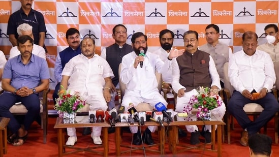 Maharashtra Deputy Chief Minister Eknath Shinde addresses a press conference after Shiv Sena UBT MPs join Shiv Sena. Maharashtra Deputy Chief Minister Eknath Shinde addresses a press conference after Shiv Sena UBT MPs join Shiv Sena.