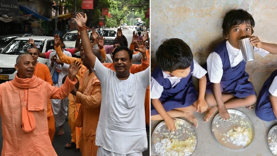কলকাতা পুরনিগম এলাকার স্কুলে পড়ুয়াদের মিড ডে মিল সরবরাহ করার জন্য ইসকনের সহযোগিতা নেওয়া হবে। (ছবিটি প্রতীকী, সৌজন্যে হিন্দুস্তান টাইমস ও এএফপি)