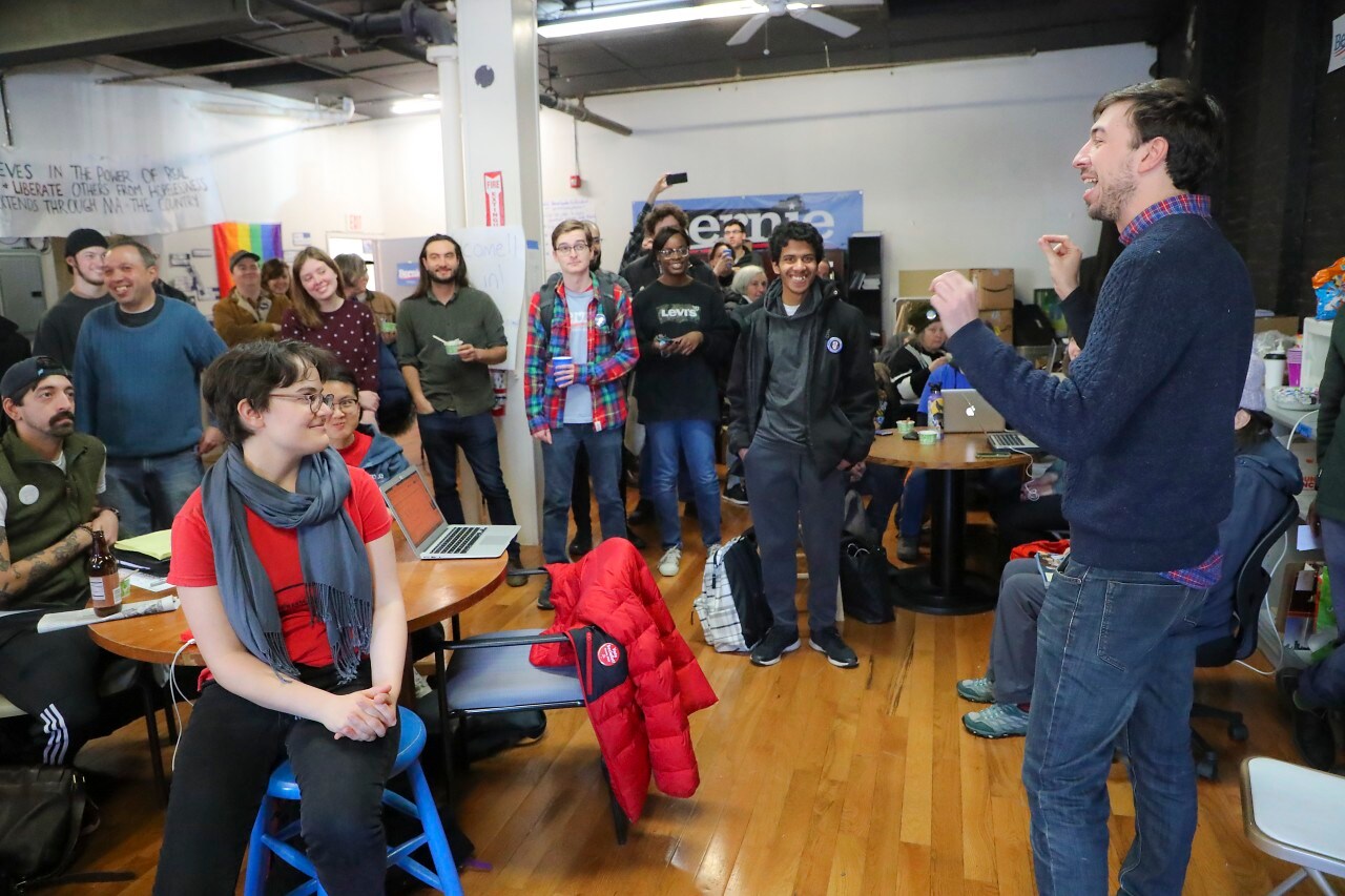 Dan Moraff speaking to Sanders supporters in Massachusetts in 2020. Dan Moraff speaking to Sanders supporters in Massachusetts in 2020.