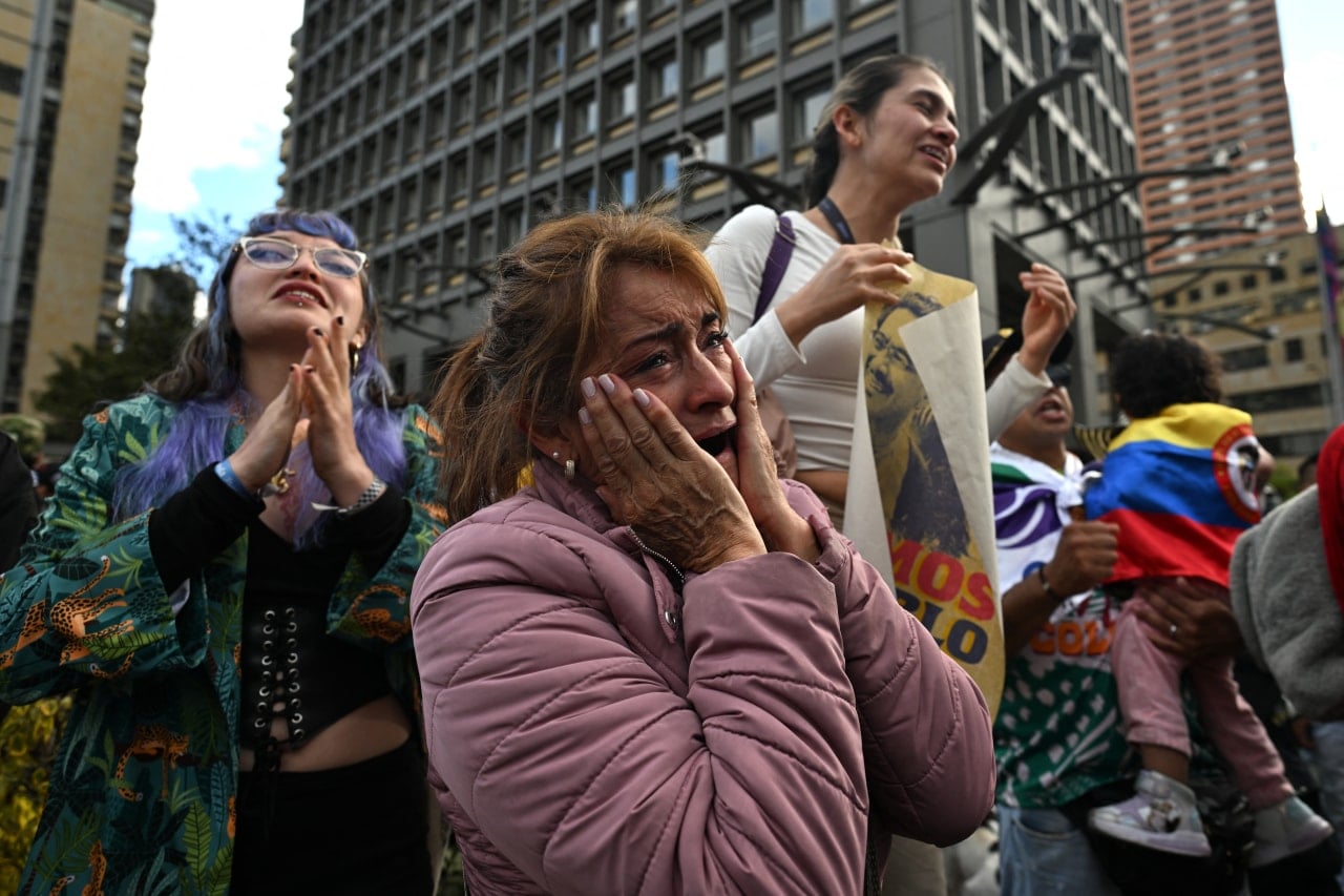 Supporters of Colombian presidential candidate Ivan Cepeda reacting to election results on Sunday.