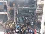 The multi-storey building that caught fire in Lucknow's Aliganj on Monday.