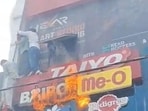 A massive fire gutted a three-floor commercial building housing an animation centre in Lucknow, on Monday. (HT Photo)