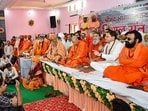 Uttarakhand Chief Minister Pushkar Singh Dhami speaks at the Shrimad Bhagwat Katha Gyan Yagya and Grand Saints' conference in Raiwala, Dehradun, on Monday.