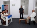 Gujarat Chief Minister Bhupendra Patel interacts with students at the launch of the three-day 24th Shala Praveshotsav (School Admission Festival) and Kanya Kelavani campaign at B.N. High School in Vadnagar, Mehsana, on Tuesday.