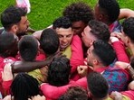 Portugal's Cristiano Ronaldo, center, celebrates with teammates after scoring the opening goal during the World Cup Group K soccer match