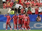 Portugal vs Uzbekistan LIVE Score, FIFA World Cup 2026:  Portugal's forward #17 Rafael Leao (C) celebrates with teammates after scoring his team's fifth goal  during the 2026 World Cup Group K football match