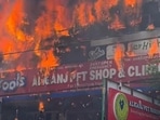 Lucknow, India-June 22, 2026: A massive fire gutted a three-floor commercial building housing an animation centre at Aliganj area in Lucknow on Monday (HT Photo)