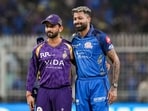 Mumbai Indians' captain Hardik Pandya, right, and Kolkata Knight Riders' captain Ajinkya Rahane during an IPL 2026 clash(PTI)