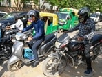 People seen riding motorcycles on the pedestrian pathway along the Sector 45/46 dividing road (Parveen Kumar/HT)