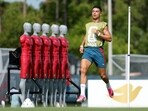 Cristiano Ronaldo #7 of Portugal warms up. 
