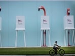 Dummy flamingos outside the Palm Beach County Supervisor of Elections during the 2024 presidential election.