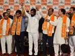 MPs Sanjay Dina Patil, Bhausaheb Wakchaure, Omraje Nimbalkar, Sanjay Jadhav, Sanjay Deshmukh and Nagesh Patil Ashtikar, who rebelled against the Uddhav Thackeray-led Shiv Sena, joined DY CM Eknath Shinde's Shiv Sena on Monday
