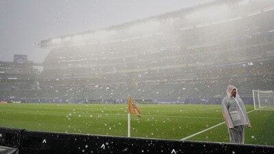 The match in Philadelphia kicked off at 5:00 pm local time (2100 GMT) and had to be halted at half-time as a huge storm passed over the city. (AP Photo/Petr David Josek) The match in Philadelphia kicked off at 5:00 pm local time (2100 GMT) and had to be halted at half-time as a huge storm passed over the city. (AP Photo/Petr David Josek)