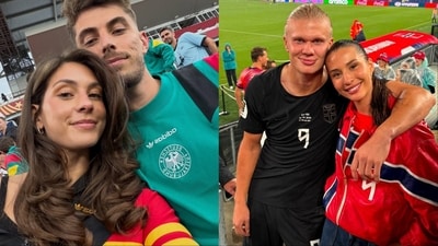 (L-R) Germany's Kai Havertz with wife Sophia Havertz, Norway's Erling Haaland with girlfriend Isabel Haugseng Johansen (L-R) Germany's Kai Havertz with wife Sophia Havertz, Norway's Erling Haaland with girlfriend Isabel Haugseng Johansen
