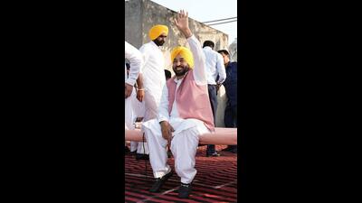Punjab chief minister Bhagwant Mann during a Lok Milni rally at Mandi Kalan village in Bathinda’s Maur assembly segment on Tuesday. (X)