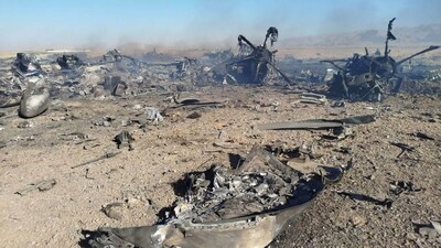 This handout photo provided by Iran's Revolutionary Guard Corps (IRGC) official website Sepah News on April 5, 2026 reportedly shows the wreckage and remains of targeted and crashed aircraft in central Iran. (AFP) This handout photo provided by Iran's Revolutionary Guard Corps (IRGC) official website Sepah News on April 5, 2026 reportedly shows the wreckage and remains of targeted and crashed aircraft in central Iran. (AFP)