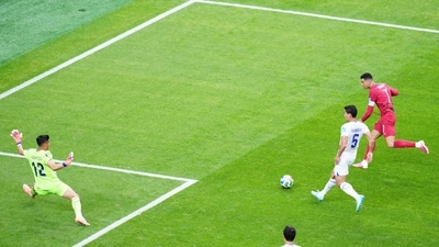 Ronaldo scored again in the 39th minute when he got a pass from Bruno Fernandes and scored with his right foot just inside the near post to make it 3-0 as he became Portugal's leading World Cup scorer in history. (AP Photo/Karen Warren) Ronaldo scored again in the 39th minute when he got a pass from Bruno Fernandes and scored with his right foot just inside the near post to make it 3-0 as he became Portugal's leading World Cup scorer in history. (AP Photo/Karen Warren)