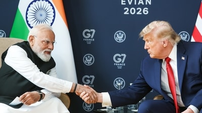 Prime Minister Narendra Modi and US President Donald Trump hold a bilateral meeting on the sidelines of the G7 Summit 2026, in Evian on Wednesday. (DPR PMO) Prime Minister Narendra Modi and US President Donald Trump hold a bilateral meeting on the sidelines of the G7 Summit 2026, in Evian on Wednesday. (DPR PMO)
