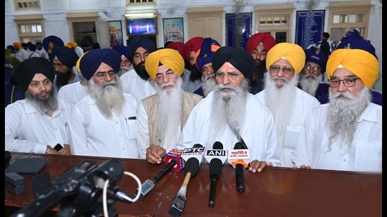 SGPC president Harjinder Singh Dhami addressing the media in Amritsar on Tuesday. (HT)