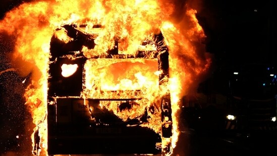 Although residents and Fire and Rescue Services personnel rushed to the scene and attempted to douse the flames, the bus was destroyed in the fire. (Representative Image)