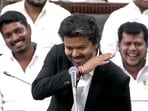 Tamil Nadu chief minister C Joseph Vijay performs a cinematic gesture as he concludes his speech in the assembly on Tuesday.