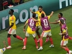 Colombia's Daniel Munoz celebrates after scoring against Congo.