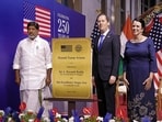 US Ambassador to India Sergio Gor, Telangana Deputy CM Mallu Bhatti Vikramarka and US Consul General Laura Williams pose beside a plaque commemorating the renaming of the road adjoining the US Consulate as 'Donald Trump Avenue'.