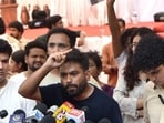NEW DELHI, INDIA - JUNE 24:Cockroach Janta Party (CJP) founder Abhijeet Dipke speaks to reporters at Jantar Mantar in New Delhi (HT Photo)