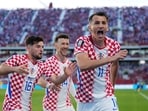 Croatia's Ante Budimir celebrates after scoring against Panama.