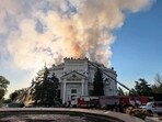FILE - In this photo provided by Sevastopol Mayor Mikhail Razvozhaev's Telegram channel on Wednesday, June 10, 2026, firefighters put out a blaze after a Ukrainian drone hit a building housing a panoramic painting that depicts the defense of the city during the 19th century Crimean War in Sevastopol, Crimea.