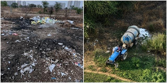 (Left) Illegal waste dumped near Vipul Lavanya society; a tanker discharges untreated sewage on a vacant plot in Manesar’s Sector 81, seen last week. (HT Photo) (Left) Illegal waste dumped near Vipul Lavanya society; a tanker discharges untreated sewage on a vacant plot in Manesar’s Sector 81, seen last week. (HT Photo)