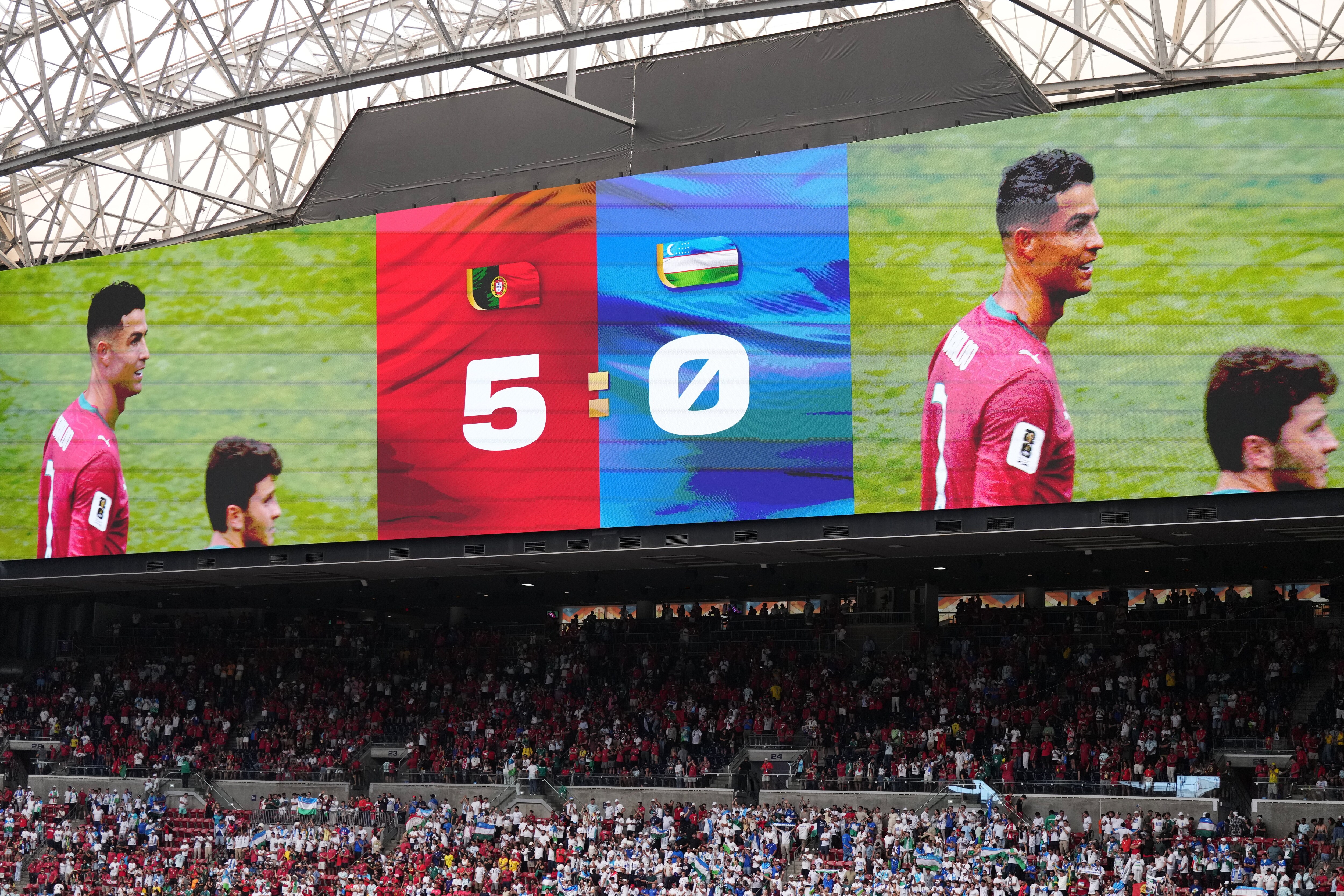 Portugal's Cristiano Ronaldo (7) is visible on a screen with the score after the World Cup Group K soccer match between Portugal and Uzbekistan (AP Photo/Karen Warren)