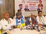 Congress leaders addressing a press conference in Lucknow on June 25. (Sourced)